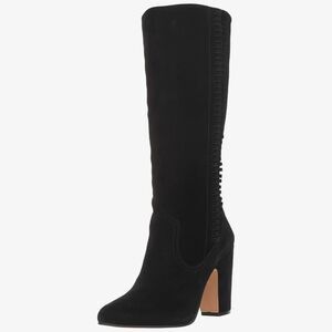 EUC Vince Camuto Coranna‎ Black Suede Knee High Boots Size 8.5M Heel Fringe Boho